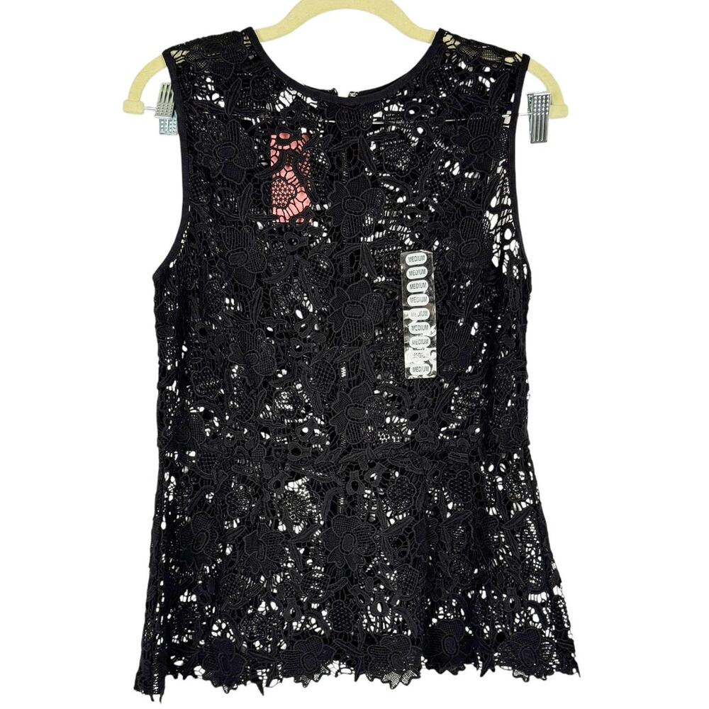 NWT CAbi Black Sleeveless Embroidered Lace Peplum Sheer Zip Top Medium Elegant